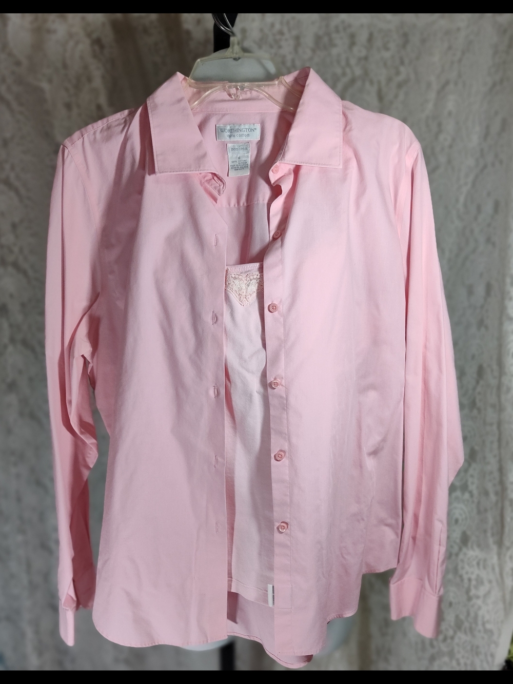 Worthington Cotton Pink Easy Care Long Sleeve Shirt W/ Allyson Whitmore Camisole
